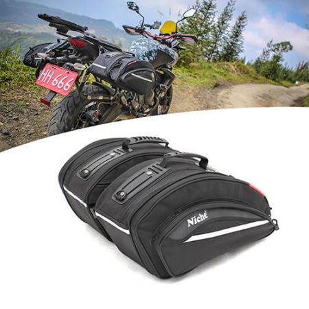 Sharp Angle Motorcycle Saddlebags - Motorcycle Saddle Bags with Universal Mounting System, Expandable and Waterproof Rain-Cover Included (M Size)